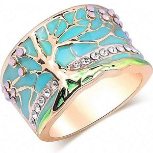 Lucky Flower Tree Rings Gold Pink Opal Green Ename